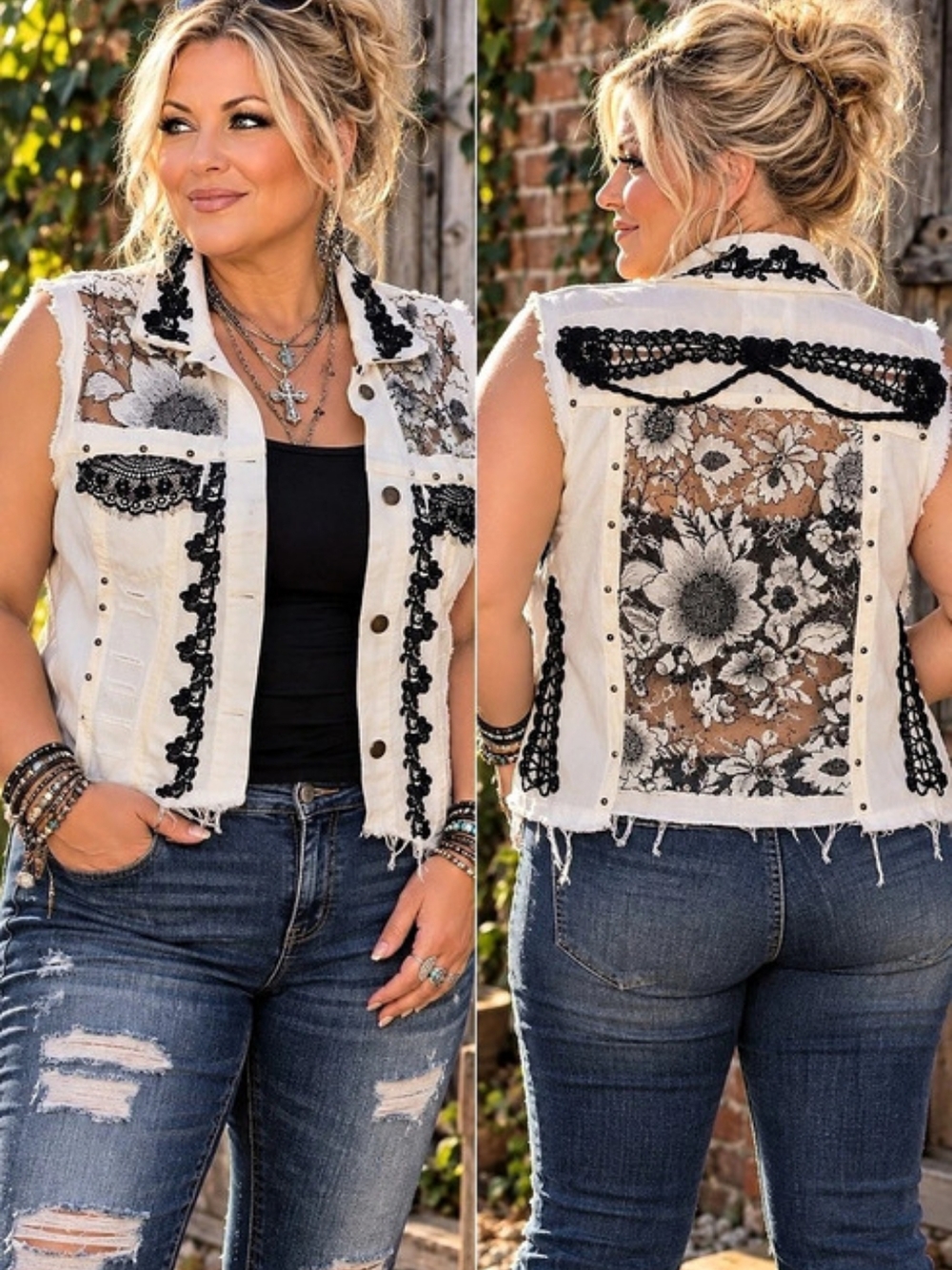 Refashioned Floral Embellished Fringed Vest in White & Black